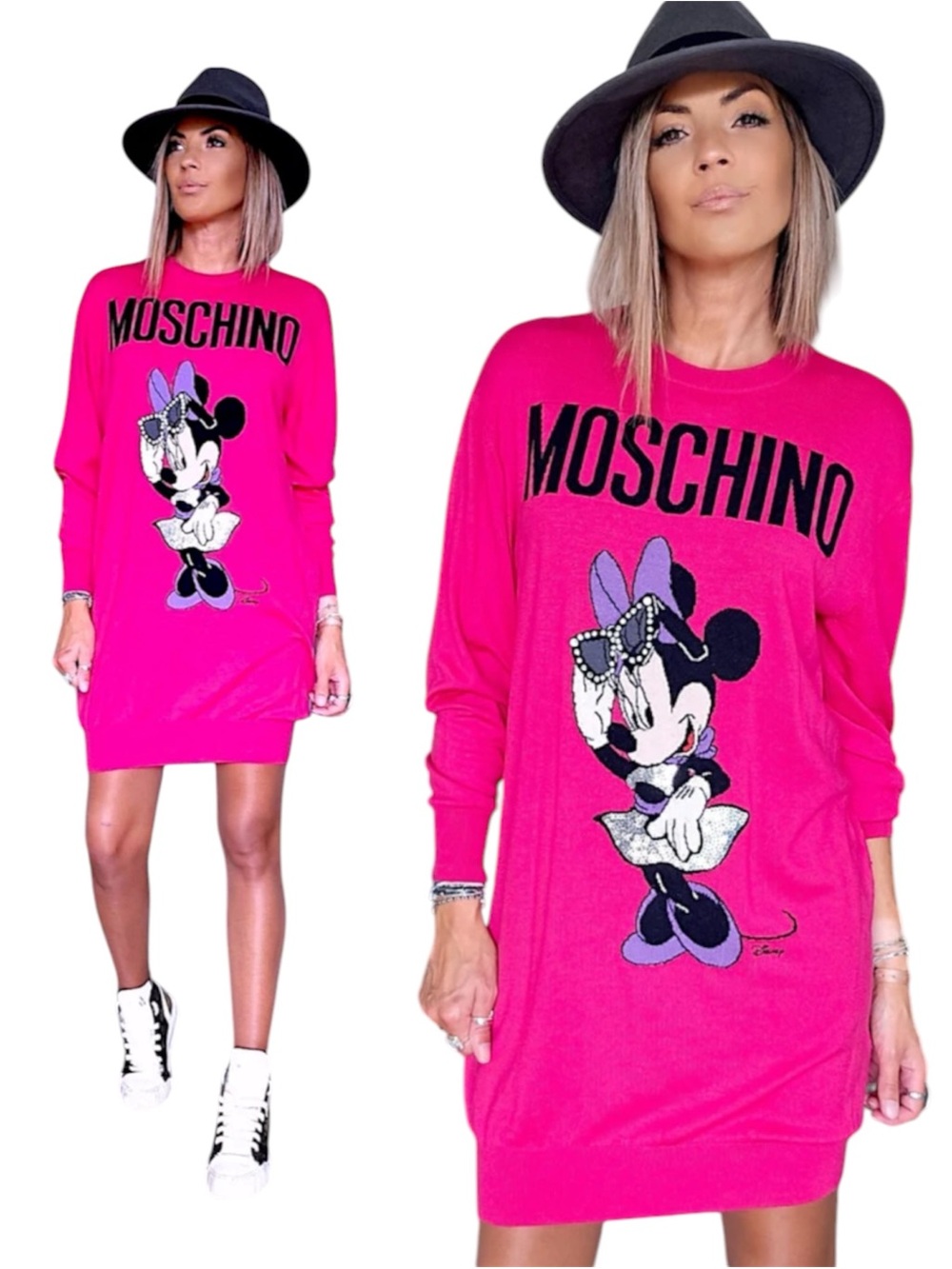 $380 Moschino x H&M Sequined Pink Minnie Mouse Knit Sweater Dress